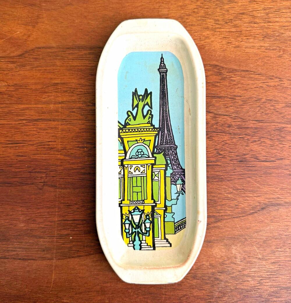 Vintage Metal Souvenir Serving Tray Eiffel Tower Paris Oval Printed